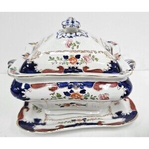 Booths Gravy Tureen Lidded Serving Dish & Plate Floral England Antique 1900’s